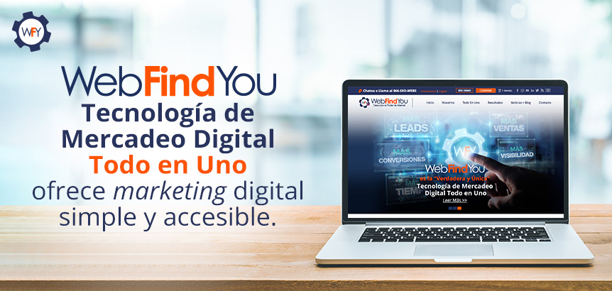 Pantalla de Laptop Mostrando el Sitio de WebFindYou, Tecnología de Marketing Digital Todo en Uno