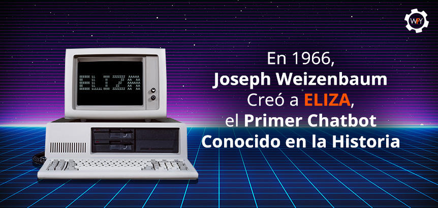 Computador Vintage con Texto de ELIZA en Monitor Representando el Primer Chatbot Creado por Joseph Weizenbaum
