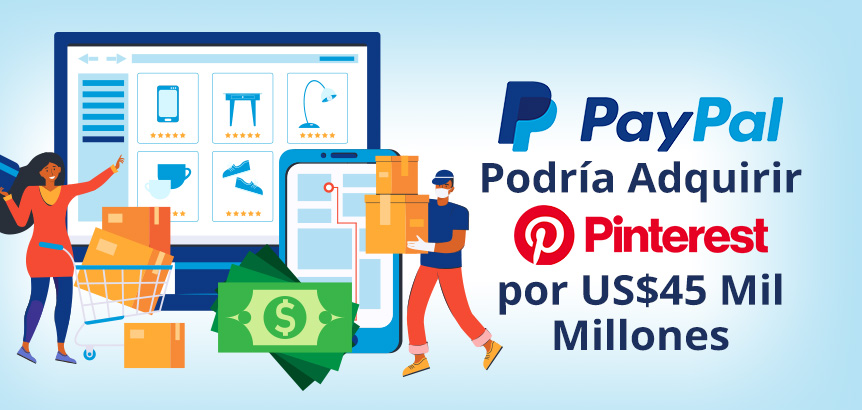 Caricatura de Tienda Ecommerce con Billetes de Dólar Representando la Adquisición de Pinteres por PayPal