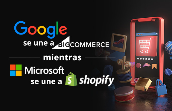 Teléfono Celular con Iconografía Ecommerce Representando la Asociación de Google con BigCommerce y Microsoft con Shopify