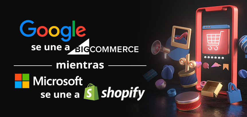 Teléfono Celular con Iconografía Ecommerce Representando la Asociación de Google con BigCommerce y Microsoft con Shopify