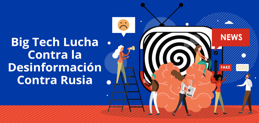 Personas Rodeando TV Transmitiendo Propaganda de Medios Rusos Mientras Grandes Tecnológicas Luchan Contra Rusia por Desinformación