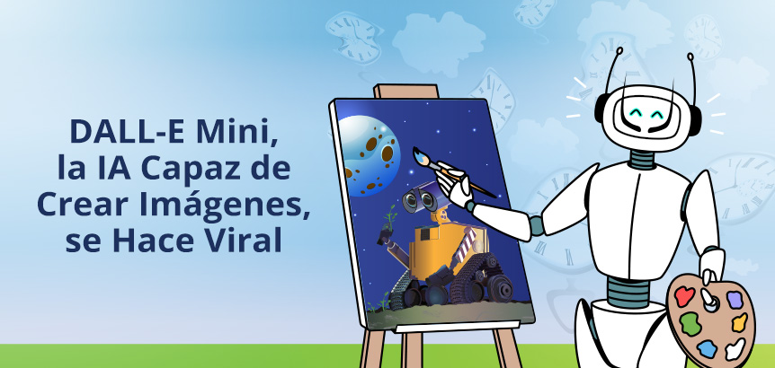 Robot Semejante a Dalí Pintando a WALL-E Sobre Canvas Simbolizando a IA Viral DALL-E Mini