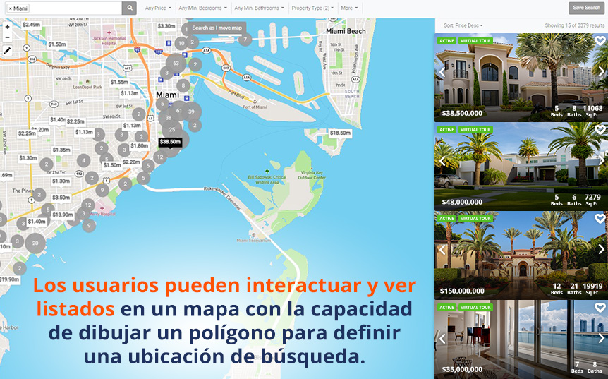 IDX Mostrando Casas en Miami Donde Usuarios Ven Listados en Mapa y Definen Ubicaciones de Bsqueda