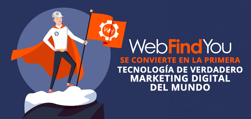Persona en Cima de Montaña con Bandera de WebFindYou, la Primera Tecnología de Verdadero Marketing Digital