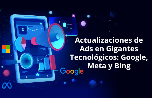 Celular con Iconos de Tecnología, Megáfonos y Métricas Representando las Actualizaciones en Google, Meta y Bing