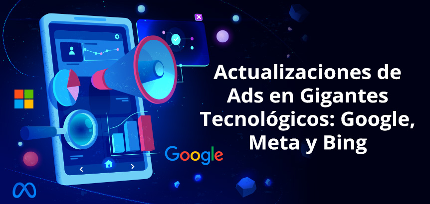 Celular con Iconos de Tecnología, Megáfonos y Métricas Representando las Actualizaciones en Google, Meta y Bing