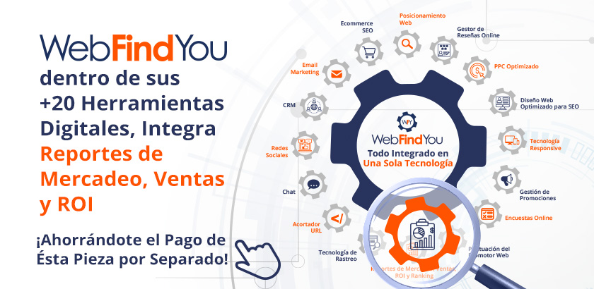 WebFindYou Dentro de sus +20 Herramientas Integra Reportes de Mercadeo, Ventas y ROI WebFindYou Dentro de sus +20 Herramientas Integra Reportes de Mercadeo, Ventas y ROI